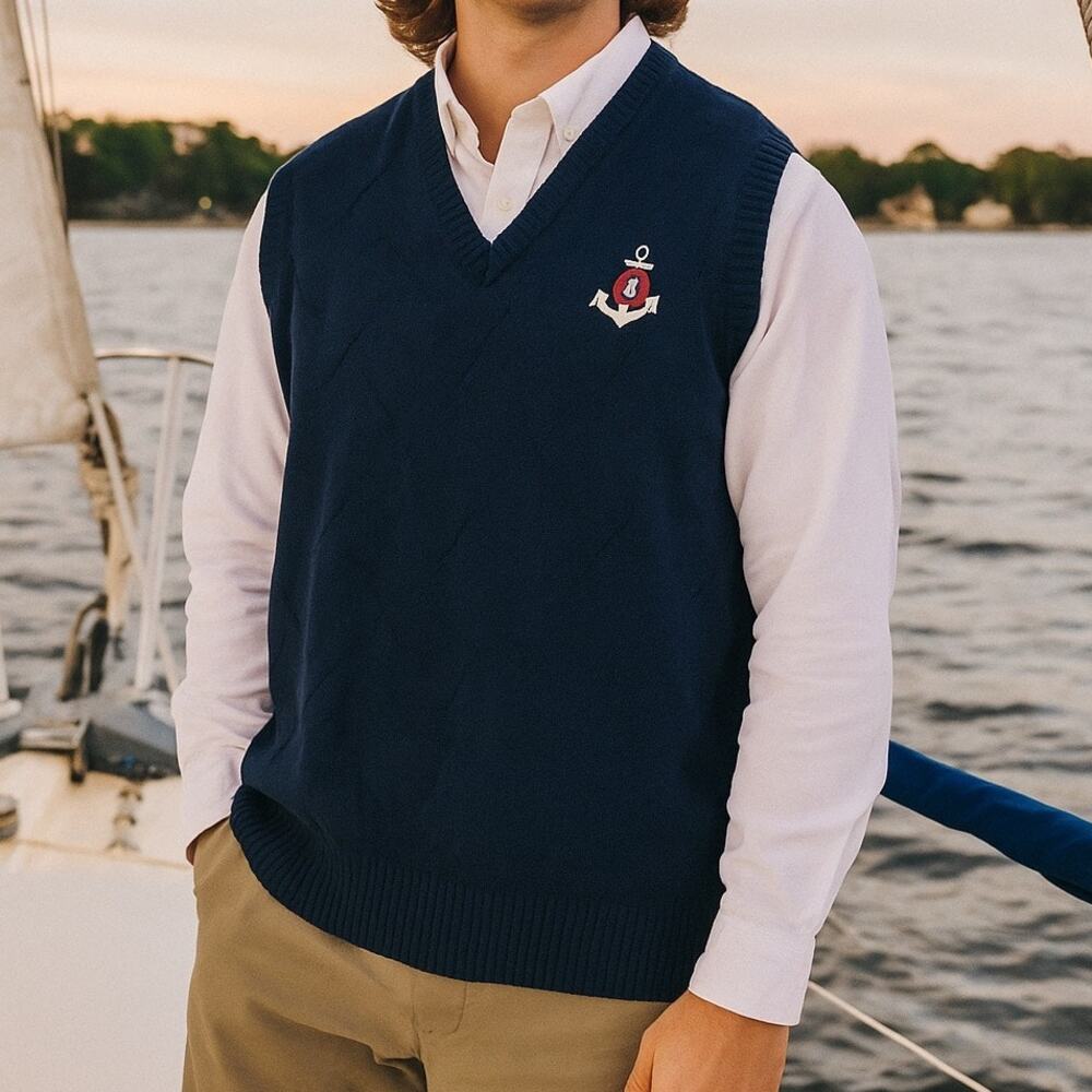 Vintage Nautical Sweater Vest Mens XL Navy Blue Yacht Preppy Old Money Summer